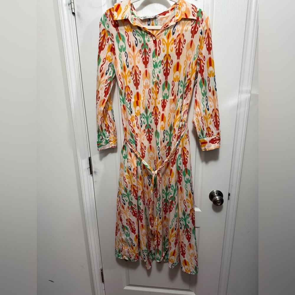 ZARA Multi colored midi Melinda shirt dress women’s L western Aztec cotton art
